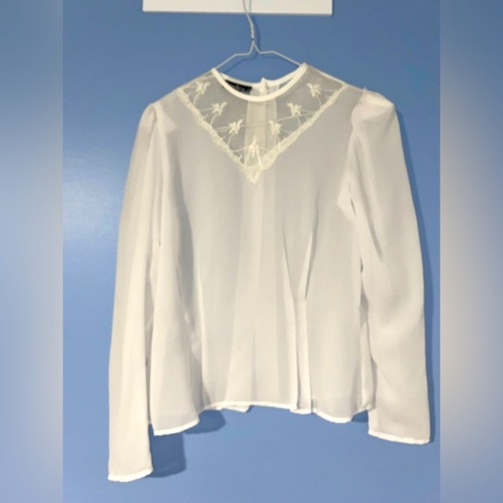 Dress Blouse Vintage Pleated Lace Semi-Sheer Women’s Size M